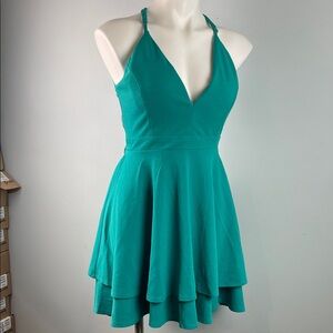 Love, Nickie Lew Teal V-Neck Halter Fit & Flare Dress Size L